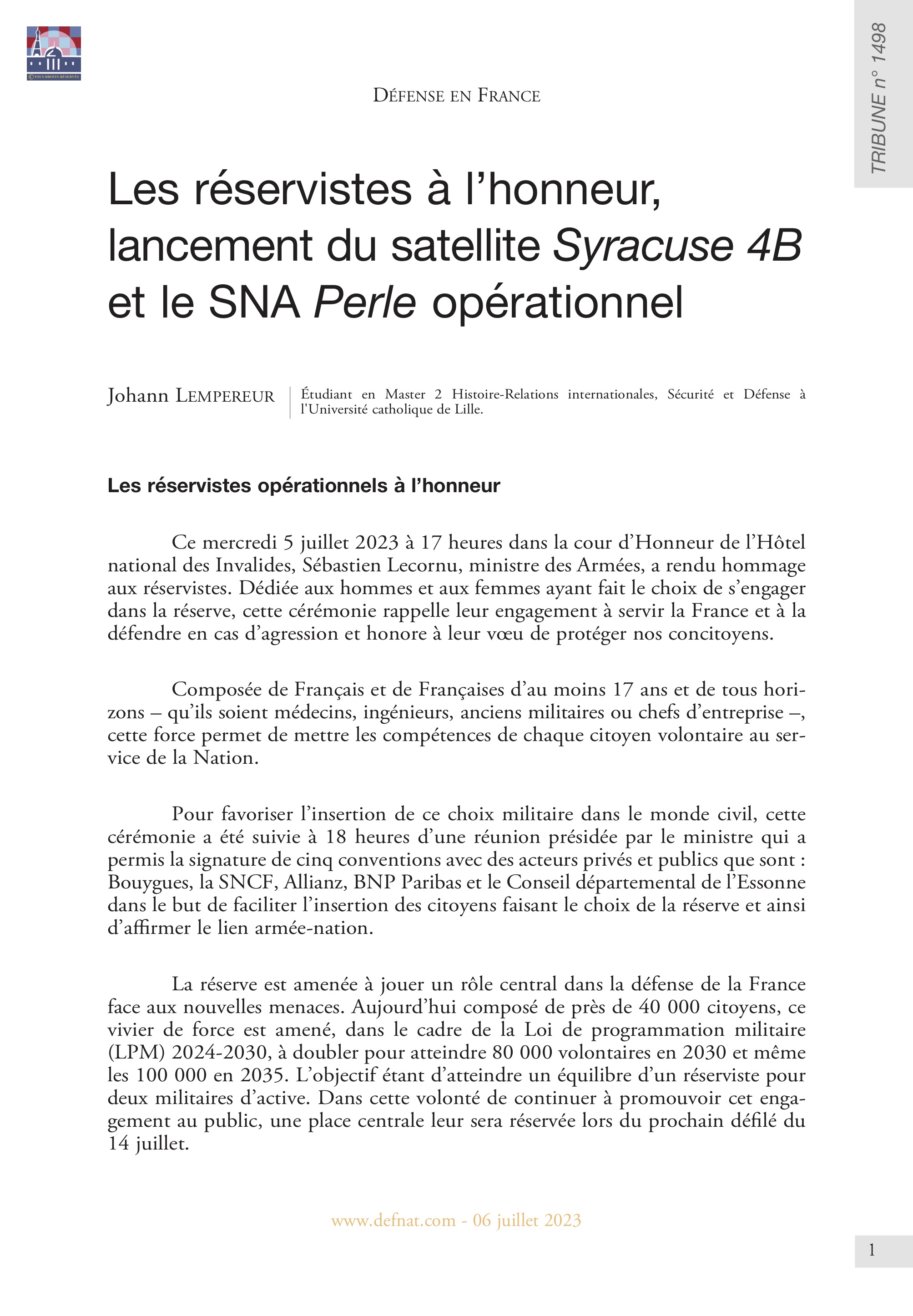 Défense en France - Les réservistes à l’honneur, lancement du satellite Syracuse 4B et le SNA Perle opérationnel (T 1498)
